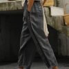 Loose Casual Hollow Out Lace Pockets Drawstring Waist Plain Linen Pants