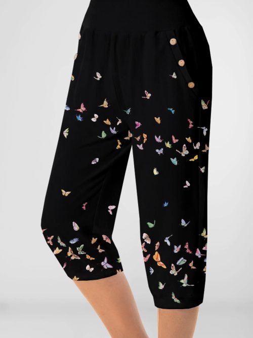 Plus Size Casual Black Butterfly Print Pocket Decorative Button Capris Pants