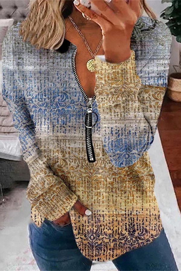 Vintage Graphic Print Zipper Design Top