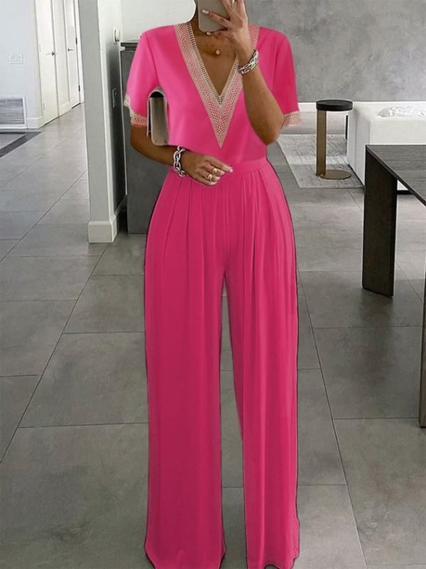 Plain Hollow Out Lace V Neck Short Sleeve Casual Jumpsuit