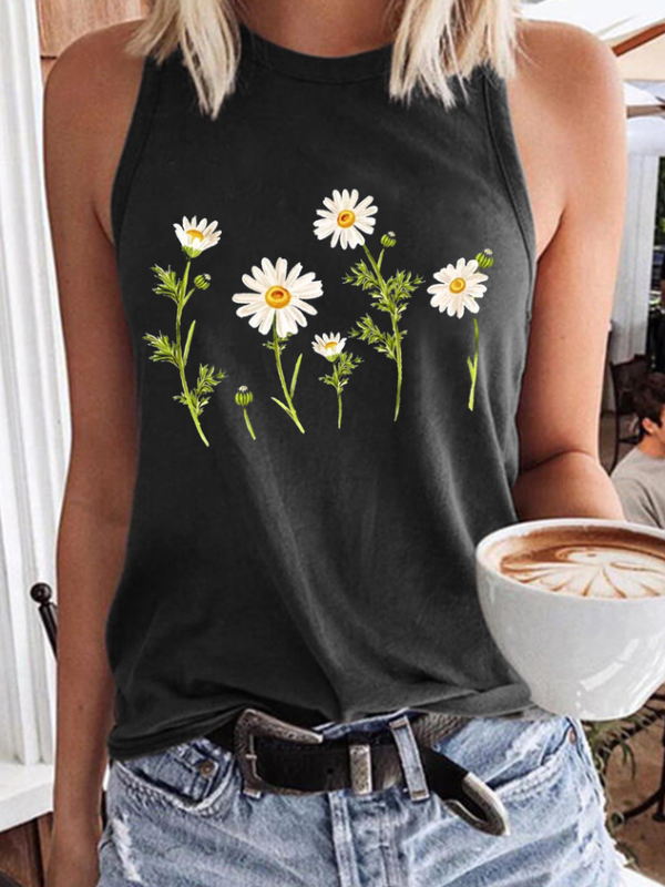 Women's Cute Wildflower Casual Daisy Crew Neck Tank Top