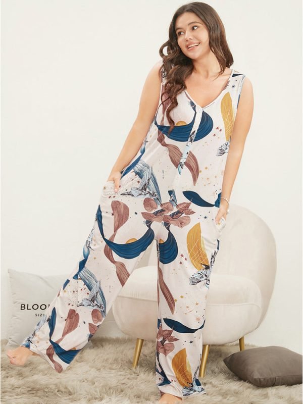 Star & Plant Sleeveless Button Up Pocket Jumpsuit