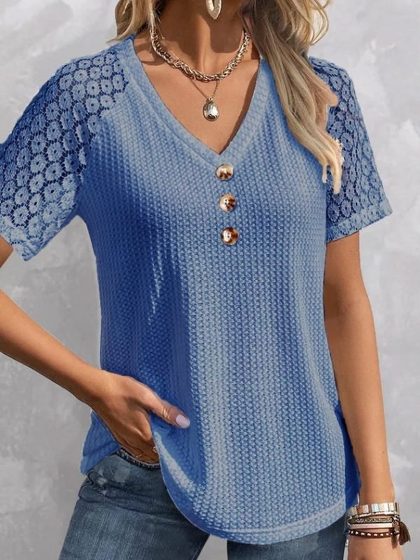 V Neck Buckle Polyester Cotton Casual Blouse