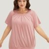 Solid Round Neck Pleated Detail T-shirt
