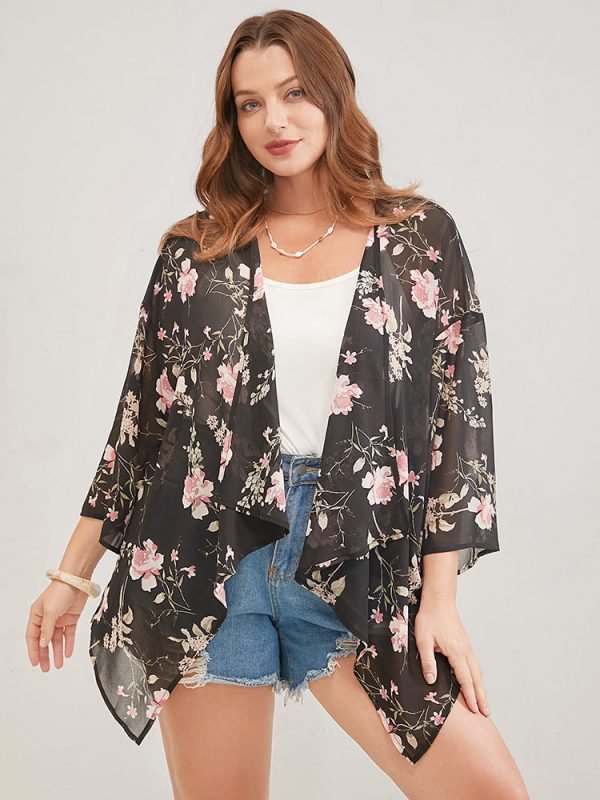 Floral Print Asymmetrical Hem Open Front Cover Up