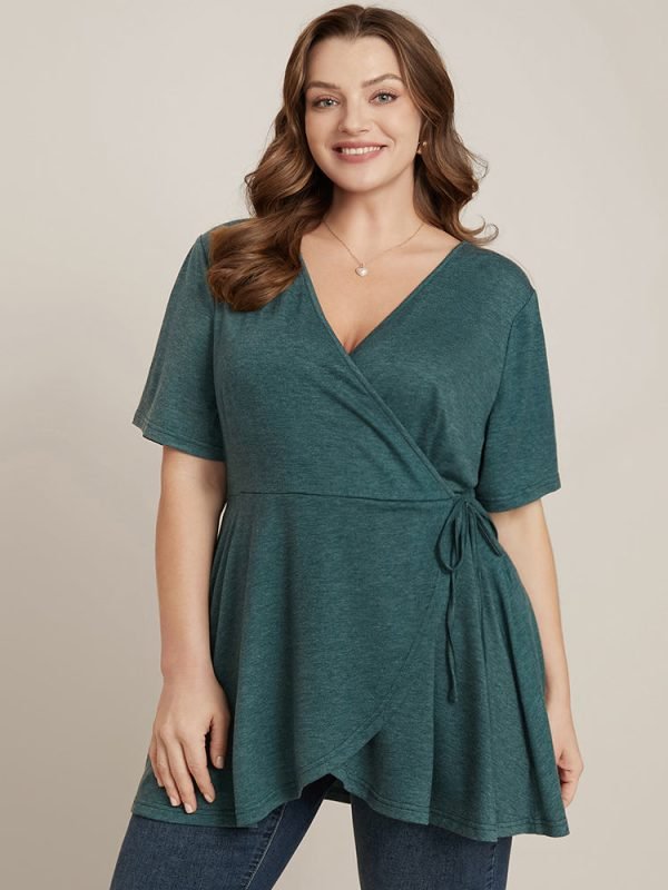 Plain Surplice Neck Tie Side Asymmetrical Hem T-shirt
