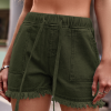 Women's Denim Shorts Frayed Raw Hem Ruffle Drawstring High Waist with Pockects