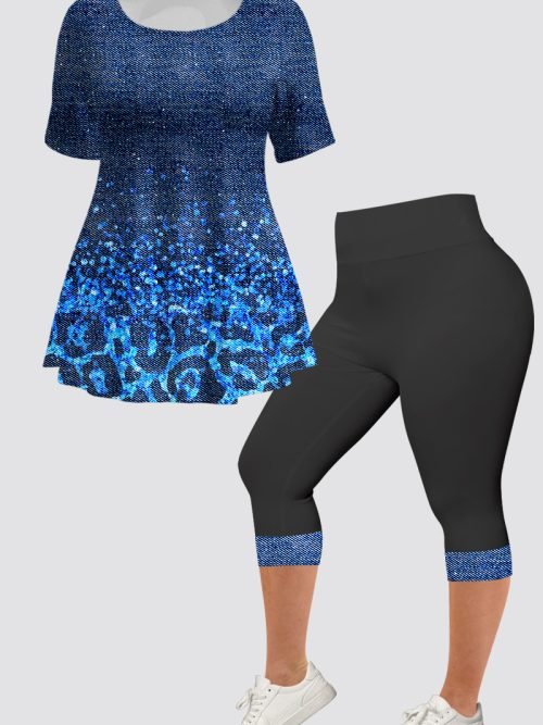 Plus Size Casual Navy Blue Ombre Denim Print Two Piece Pant Set