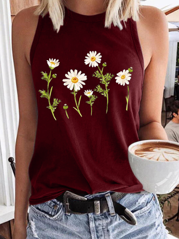 Women's Cute Wildflower Casual Daisy Crew Neck Tank Top