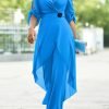 Urban Chiffon Loose Plain Light Blue Flower Decoration Chiffon Jumpsuit