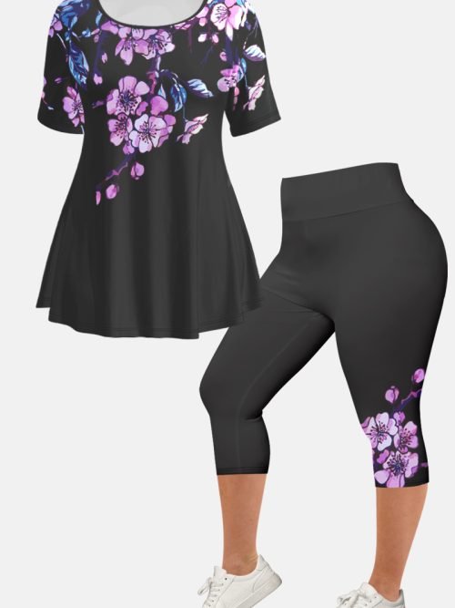 Women's Plus Size Casual Purple Ombre Plant Floral Print Two Piece Pant Set