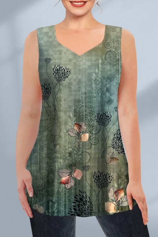 Women's Plus Size Casual Green Retro Floral Print Two Piece Pant Set