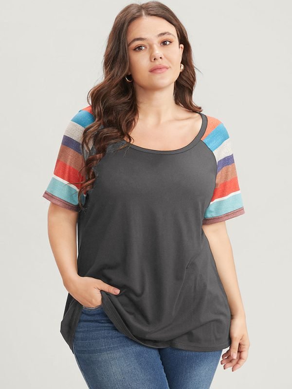 Striped Contrast Raglan Sleeve Round Neck T-shirt