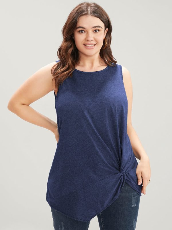 Solid Twist Front Sleeveless Round Neck Tank Top