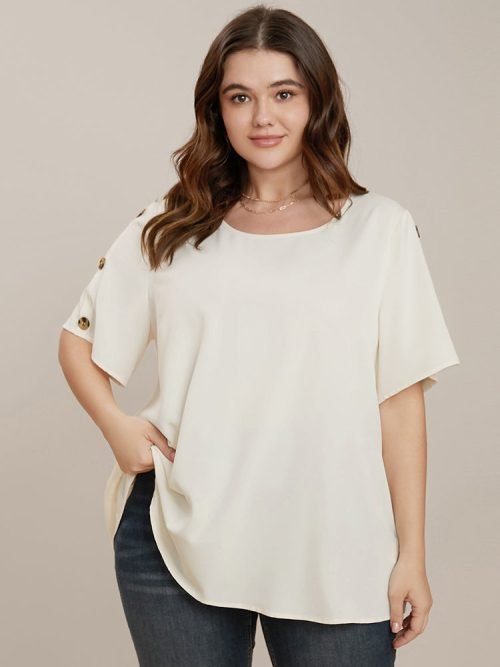 Plain Round Neck Button Detail Blouse