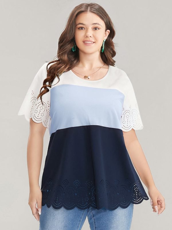 Colorblock Contrast Scalloped Trim Laser Cut Crew Neck T-shirt