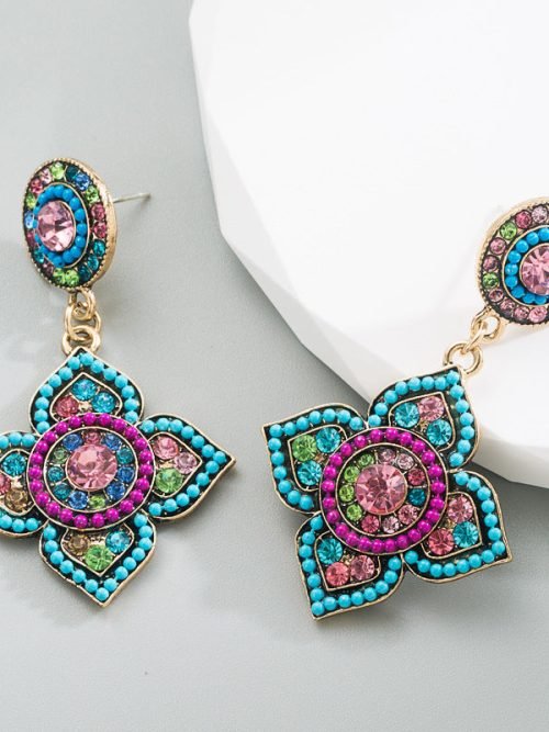Vintage Boho Luxury Colorful Rhinestone Flower State Earring Jewelry