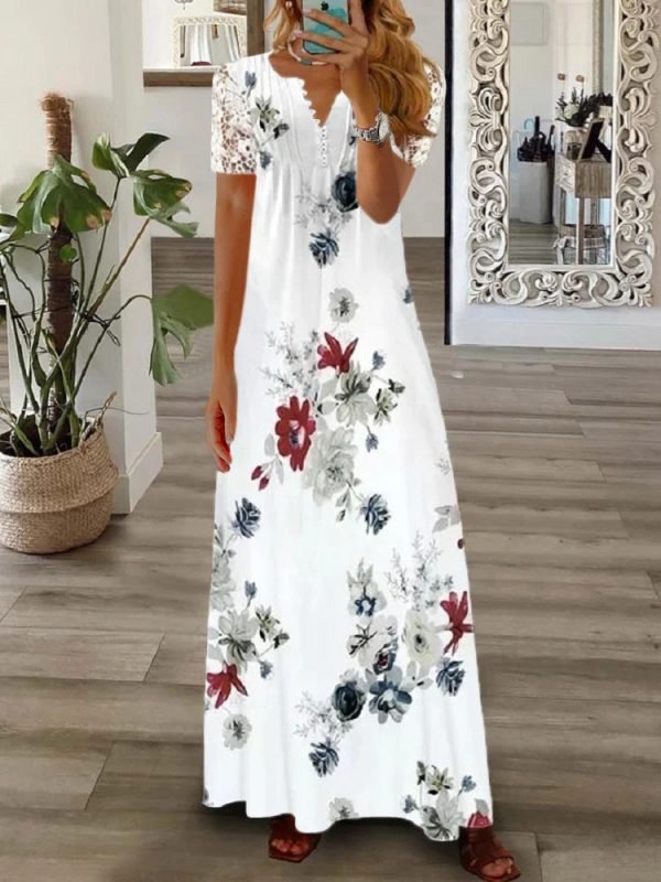 Women's Floral Printed Short Sleeve V-neck Maxi Dress