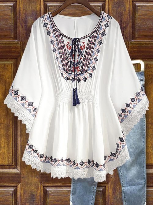 Vintage Print Lace Paneled Tassel Design Top