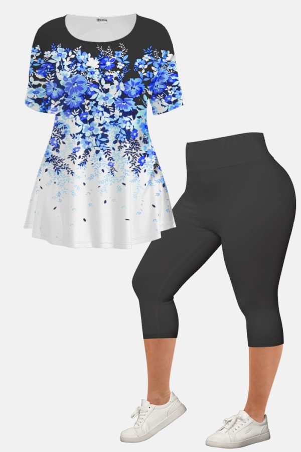 Women's Plus Size Casual Purple Ombre Plant Floral Print Two Piece Pant Set