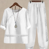 Women Casual Plain Suits Hollow Out Lace Button Short Sleeve Shirt and Trousers Pants Two-Piece Sets