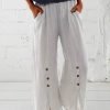 Women Front Slit Buckle Linen Cotton Loose Plain Pants