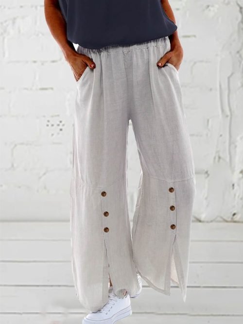 Women Front Slit Buckle Linen Cotton Loose Plain Pants