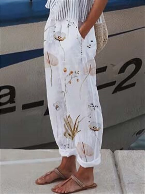 Women's Wide Leg Pants Trousers Faux Linen White Light Green Pink Casual Holiday Weekend Side Pockets Full Length Comfort Floral S M L XL XXL
