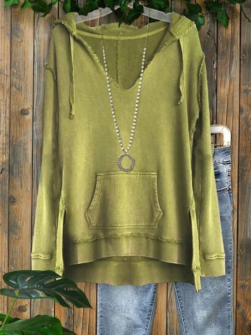 Casual V-neck Frayed Pocket Design Hoodie Top
