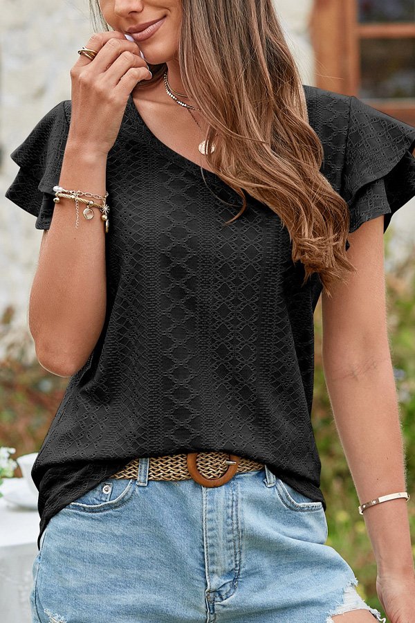 Grace Ruffled Sleeve Hollow Out T-Shirt