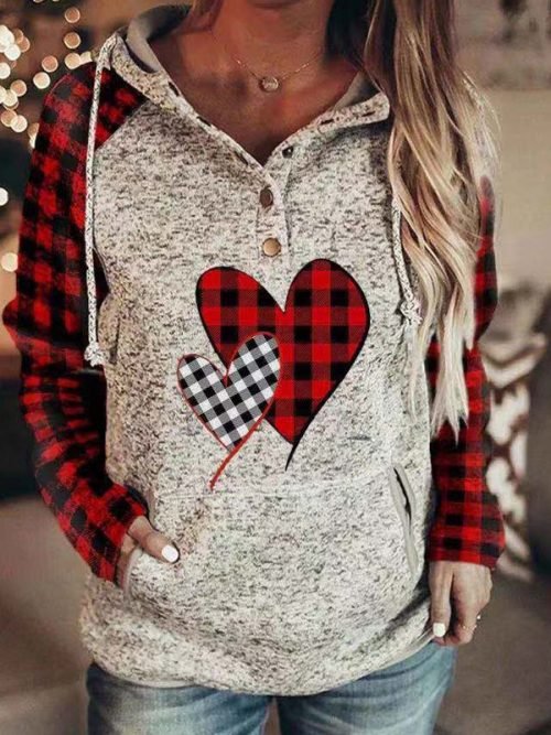 Plaid Heart Print Hoodie Sweatshirt