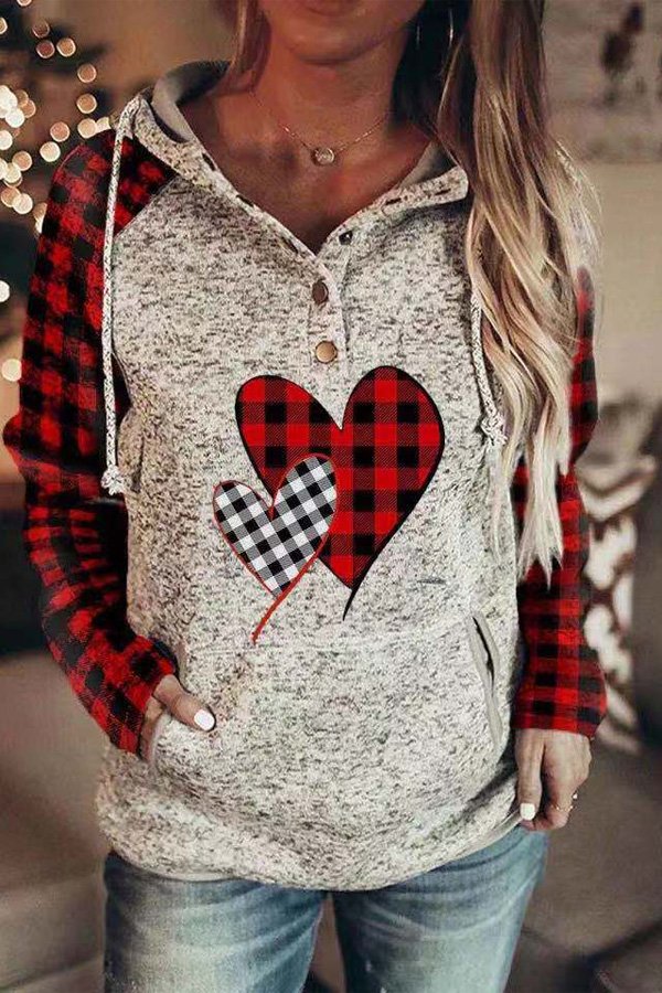 Plaid Heart Print Hoodie Sweatshirt