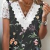 Women's Short Sleeve V Neck Lace Floral Printed Fashion Casual Top