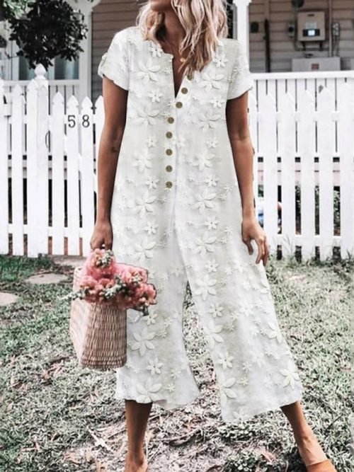 Crew Neck Cotton Loose Floral Linen Jumpsuit