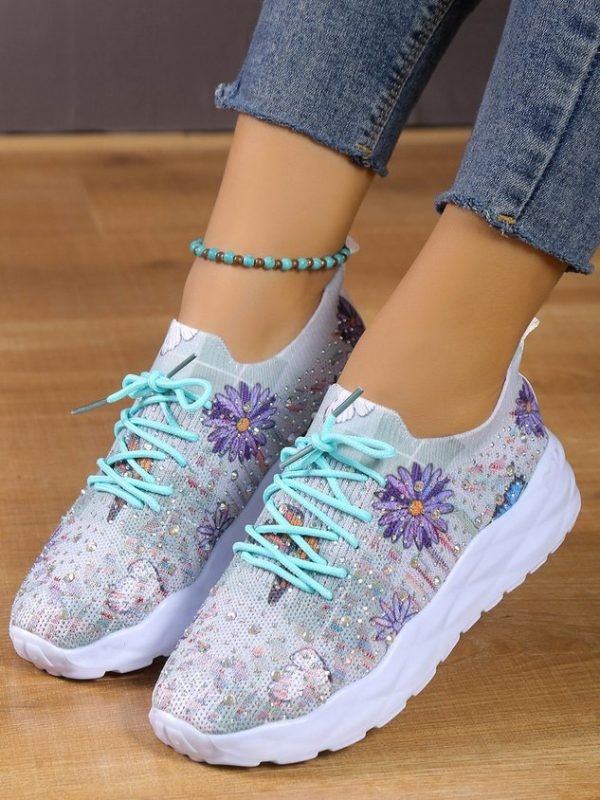 Purple Daisy Printed Rhinestone Breathable Slip On Sneakers