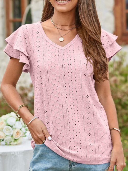 Grace Ruffled Sleeve Hollow Out T-Shirt