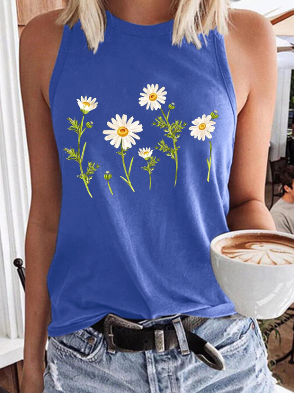 Women's Cute Wildflower Casual Daisy Crew Neck Tank Top