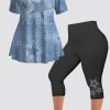 Plus Size Casual Navy Blue Ombre Denim Print Two Piece Pant Set