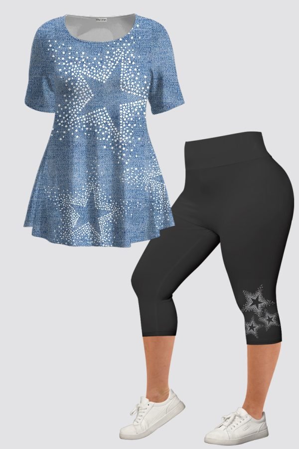 Plus Size Casual Navy Blue Ombre Denim Print Two Piece Pant Set