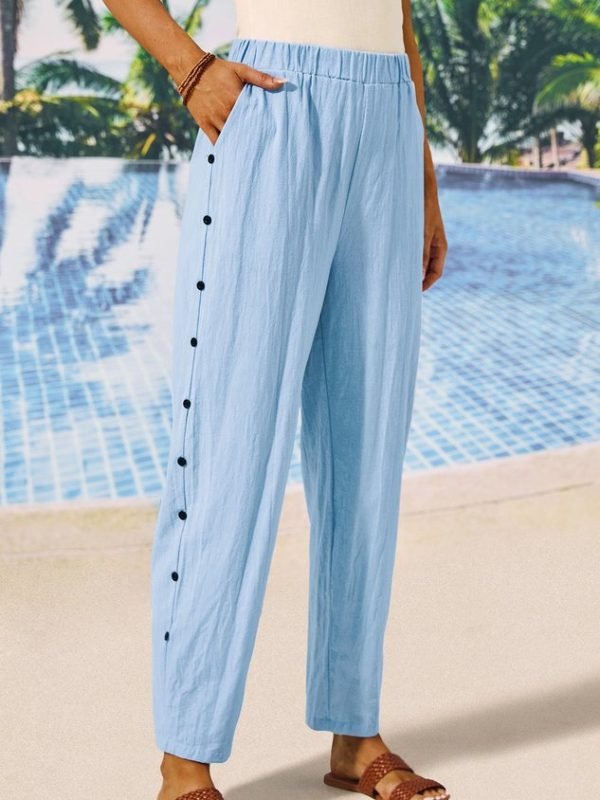 Buttoned Linen Loose Plain Pants
