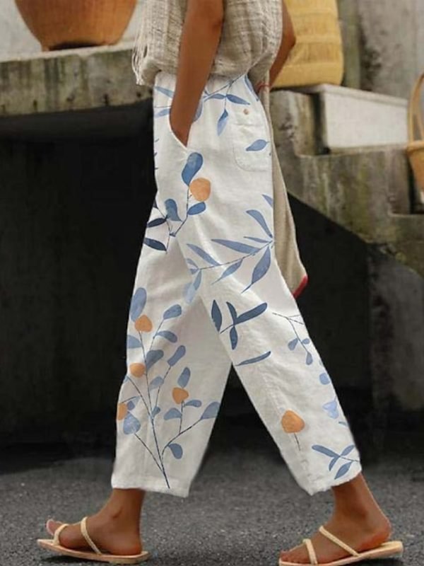 Women's Pants Trousers Faux Linen White Blue Green Casual Holiday Weekend Side Pockets Full Length Comfort Floral S M L XL XXL