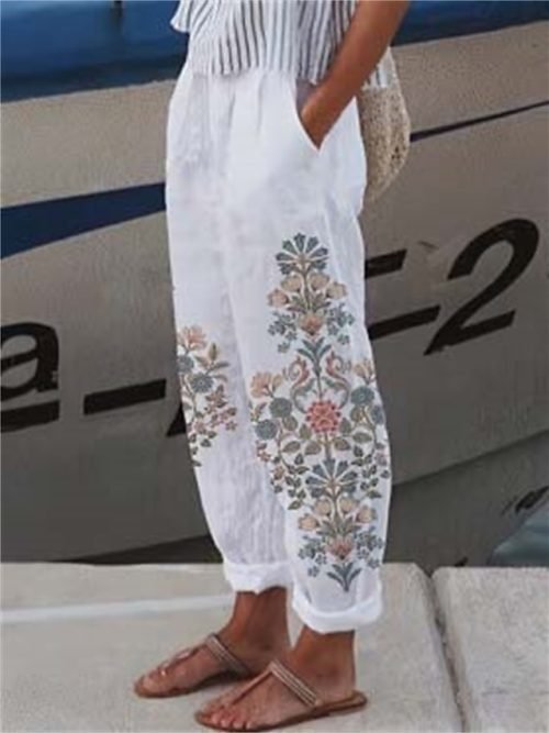 Women's Wide Leg Pants Trousers Faux Linen Black White Red Casual Holiday Weekend Side Pockets Full Length Comfort Floral S M L XL XXL