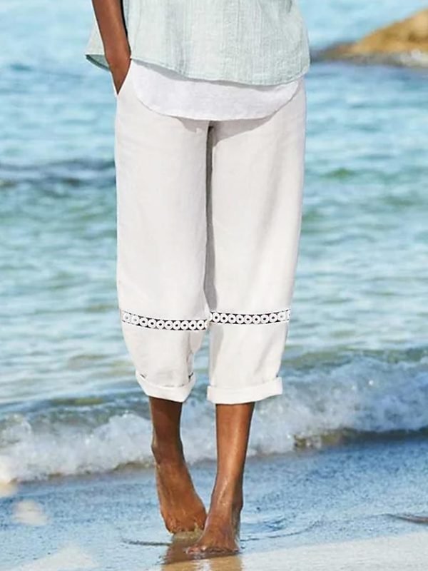 Women's Linen Pants Capri shorts Faux Linen White Casual Holiday Weekend Side Pockets Cut Out Calf-Length Comfort Solid Colored S M L XL XXL
