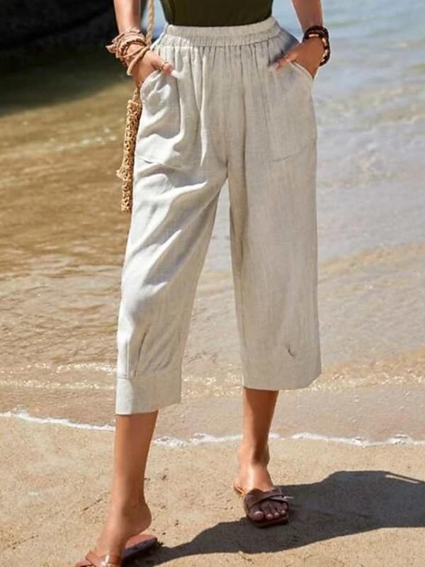 Women's Pants Trousers Faux Linen Khaki Fashion Casual Weekend Side Pockets Wide Leg Calf-Length Comfort Plain S M L XL 2XL