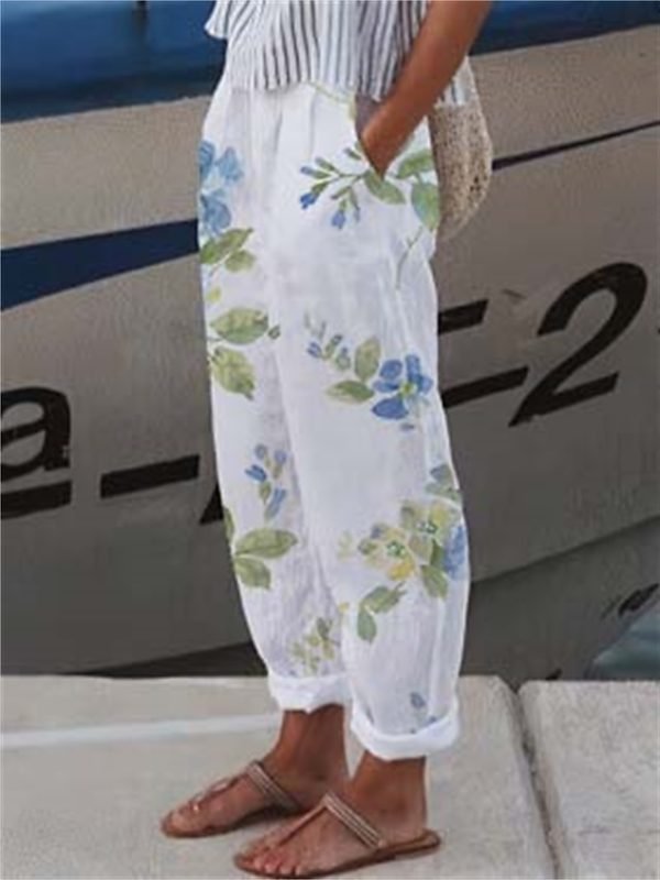 Women's Wide Leg Pants Trousers Faux Linen White Light Green Pink Casual Holiday Weekend Side Pockets Full Length Comfort Floral S M L XL XXL