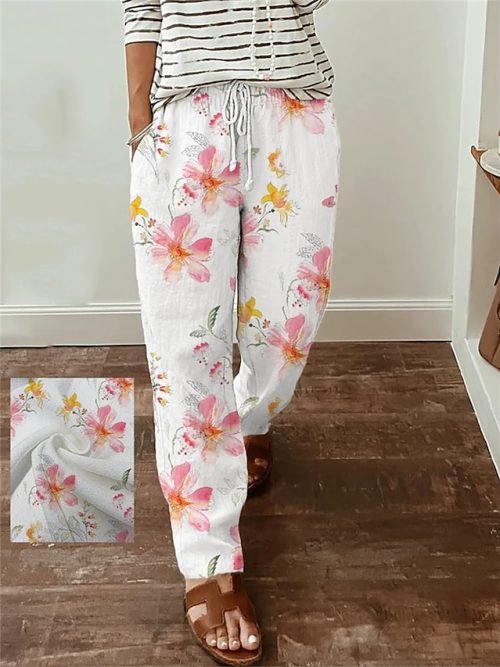 Women's Wide Leg Pants Trousers Faux Linen White Fashion Casual Office Daily Holiday Side Pockets Print Full Length Comfort Floral S M L XL XXL
