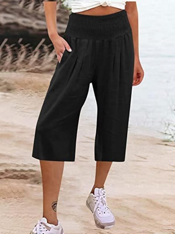Women's Wide Leg Pants Trousers Capri shorts Cotton And Linen Black White Navy Blue Fashion Casual Daily Side Pockets Baggy Calf-Length Comfort Plain S M L XL 2XL