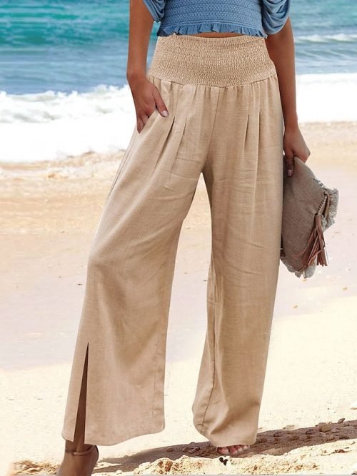 Women's Wide Leg Pants Trousers Faux Linen Black White Apricot Fashion Casual Daily Side Pockets Wide Leg Full Length Comfort Plain S M L XL 2XL