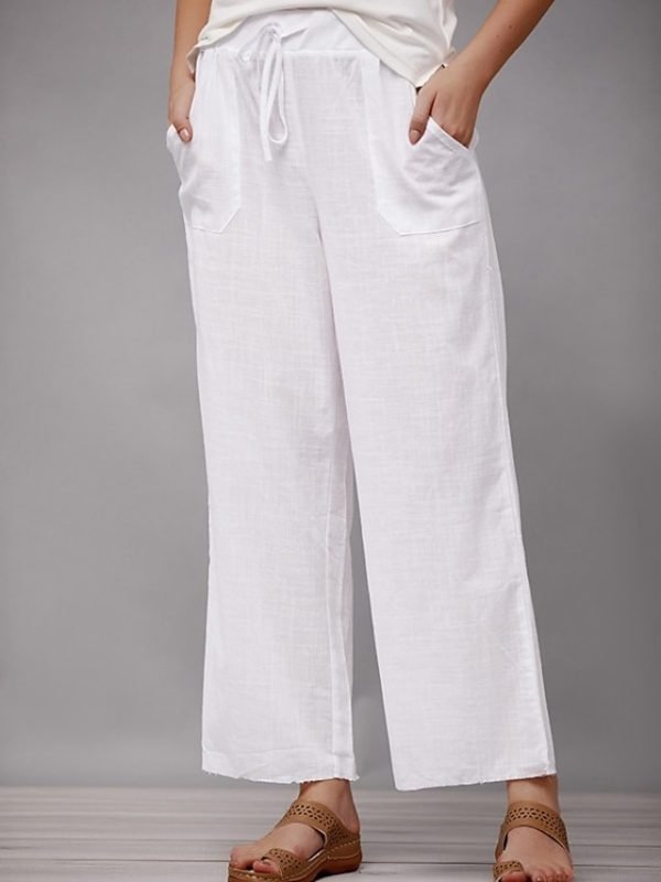 Women's Wide Leg Pants Trousers Faux Linen White Fashion Casual Weekend Side Pockets Full Length Comfort Plain S M L XL 2XL
