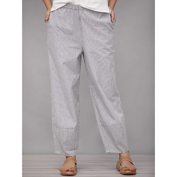 Women's Wide Leg Pants Trousers Faux Linen Black Fashion Basic Office Daily Vacation Side Pockets Print Full Length Comfort Striped S M L XL XXL